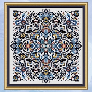 Blå mosaikmandala, korsstygnsmönster, provstycke, lapptäcke, PDF, omedelbar nedladdning, PATCH73