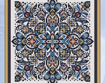 Mandala mosaïque bleue, modèle de point de croix, échantillonneur, patchwork, PDF, téléchargement immédiat, PATCH73