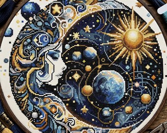 Lunar Symphony, cross stitch pattern, Nature, modern cross stitch, PDF, instant download, GALAXY02