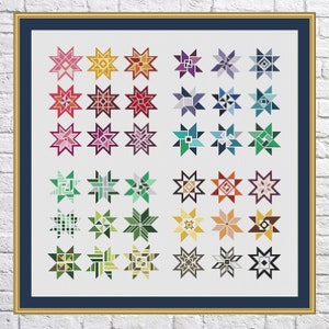 Puede incluir: Una colección de 36 bloques de colcha de estrella coloridos, cada uno con un patrón geométrico único. Los bloques están dispuestos en un patrón de cuadrícula, con cada fila presentando un esquema de color diferente. Los bloques están hechos con un fondo blanco y presentan una variedad de colores, incluyendo rojo, azul, verde, amarillo y morado.