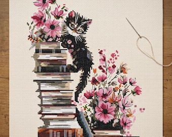 Felicità rosa, schema per punto croce con gatto, punto croce moderno, PDF, download immediato, CAT65-2