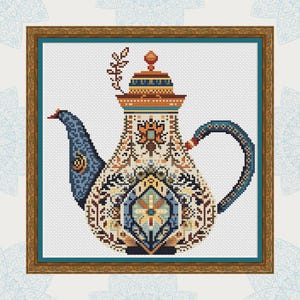 Utsmyckad tekanna harmoni, korsstygnsmönster, te, kaffe, modernt korsstygn, PDF, omedelbar nedladdning, TEA01