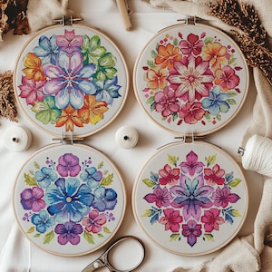 Set med 4 blommandala, korsstygnsmönster, regnbåge, modernt korsstygn, PDF, direktnedladdning, MDL82-MDL83