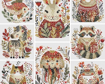 Set of 8 Folk Art Cross Stitch Patterns, Animals cross stitch pattern, modern cross stitch, PDF, instant download, ANM92-ANM94