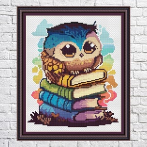 Owl and books, cross stitch pattern, modern cross stitch, PDF, instant download, ANM53