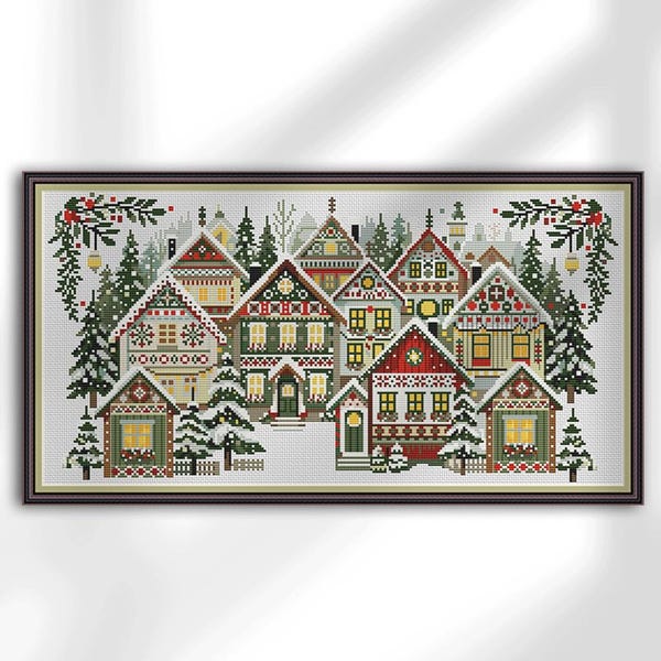 Christmas village Cross Stitch Pattern, Scandinavian style, Christmas Decoration, Holidays, PDF, instant download, CRM150