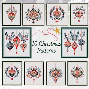 May include: Ten colorful Christmas ornament cross-stitch patterns featuring intricate designs with red, green, blue, and gold accents. The patterns are displayed in a collage format with the text "10 Christmas Patterns" in the center.