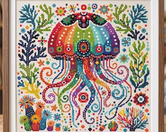 Schema per punto croce "Sotto il mare", disegno geometrico, sampler, mare, punto croce moderno, PDF, download immediato, SEA05