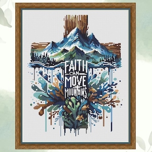 Puede incluir: Arte de punto de cruz en un marco de madera. El diseño presenta una forma de cruz con un paisaje montañoso y el texto "Faith Can Move Mountains". La paleta de colores incluye azules, verdes y marrones, con una apariencia detallada y texturizada.