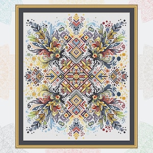 Puede incluir: Un patrón de punto de cruz colorido con un diseño geométrico que presenta un cuadrado central con un patrón repetitivo de cuadrados y triángulos. El diseño está rodeado por un borde de hojas y flores estilizadas en tonos de azul, amarillo, rojo y verde.