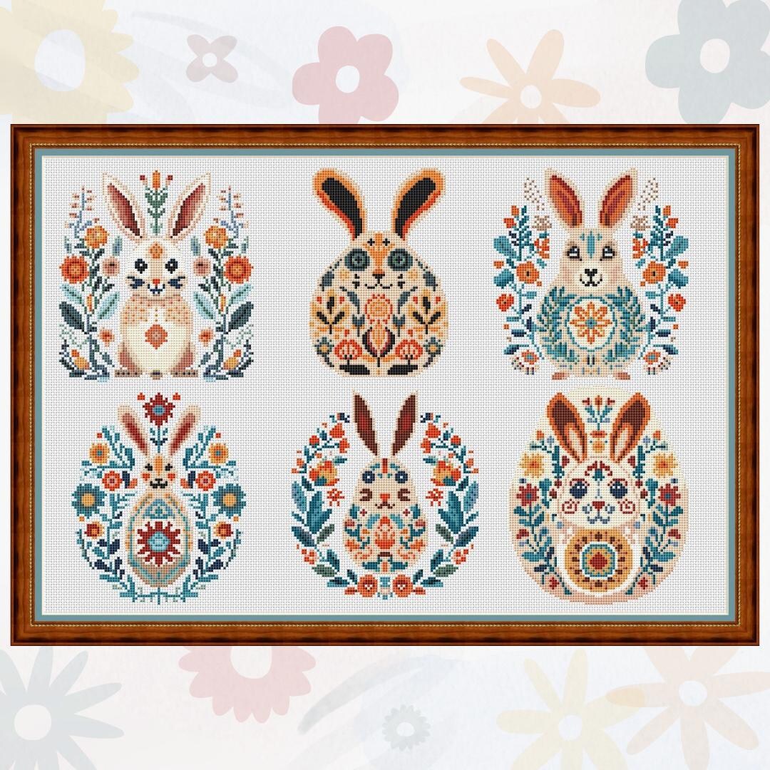 Floral Bunny Harmony, Cross Stitch Pattern, Scandinavian Style, Easter ...