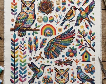 Schema per punto croce Uccelli Arcobaleno, Campionario Natura Colorata, punto croce moderno, PDF, download immediato, BIRD46