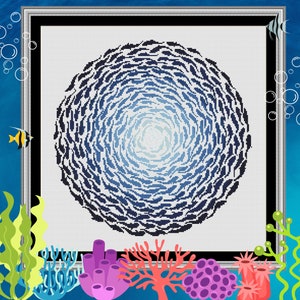 May include: A black and white cross-stitch pattern of a school of fish swirling in a circle. The fish are arranged in a spiral pattern, creating a sense of movement and depth. The background is white.