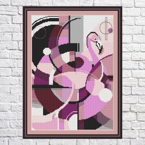 May include: Abstract geometric art print featuring pink, purple, and black shapes. The design resembles a flamingo with a long neck and curved beak.