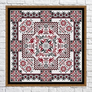 May include: A framed cross-stitch design with a geometric pattern in black, white, and red. The design features birds, flowers, and other traditional motifs.