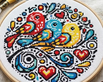 Tidy Birds, cross stitch pattern, fanny designs, modern cross stitch, PDF, instant download, BIRD45