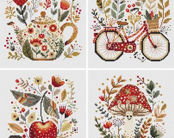 Set di 4 schemi per punto croce di arte popolare, schema per punto croce con fiori, punto croce moderno, PDF, download immediato, FLR90