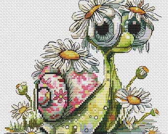 Floral Snail Cross Stitch Patterns, Spring Nature cross stitch pattern, modern cross stitch, PDF, instant download, ANM97-2