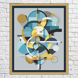 Peut inclure: Impression d'art géométrique abstrait avec un mélange de formes jaunes, bleues et grises. L'impression présente une variété de cercles, de carrés et de lignes.
