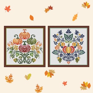 May include: Two cross-stitch patterns featuring autumnal designs. The first pattern shows a bouquet of pumpkins with green leaves and vines. The second pattern shows a stylized pumpkin with green leaves and vines, set against a blue and green background.