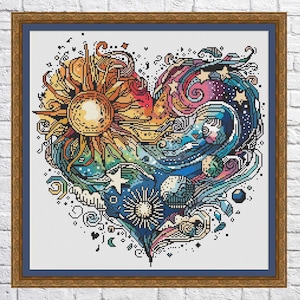 Puede incluir: Un diseño de punto de cruz colorido que presenta un sol, estrellas y olas en forma de corazón. El sol es amarillo y naranja, las estrellas son blancas y las olas son azules y verdes.