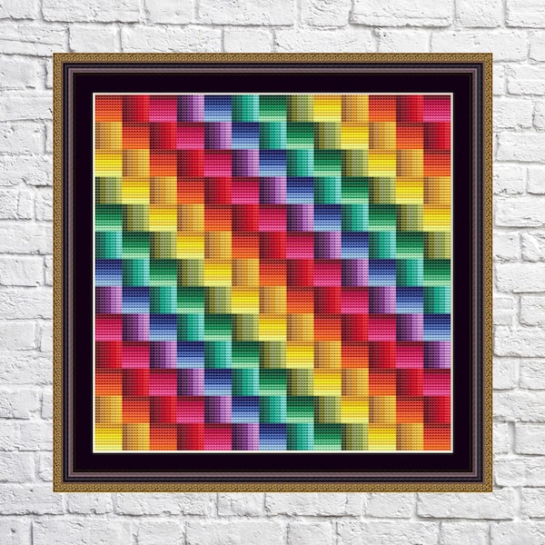 May include: A framed abstract art print with a rainbow pattern of squares. The squares are arranged in a diagonal pattern, creating an optical illusion.
