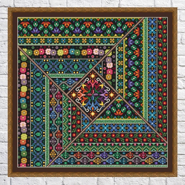 Patchwork Garden, black fabric cross stitch pattern, Geometric design, Sampler, Flowers, modern cross stitch, PDF, instant download, PATCH53