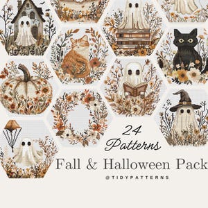 Puede incluir: Una colección de 24 patrones de punto de cruz de Otoño y Halloween. Los diseños incluyen una casa encantada, un gato, una calabaza, una corona, fantasmas y un gato negro, todos rodeados de follaje otoñal. El texto dice "Fall & Halloween Pack".