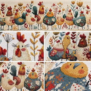 May include: A cross-stitch embroidery pattern featuring a row of colorful chickens and roosters interspersed with stylized floral and botanical elements in shades of red, blue, yellow, and cream on a light-colored fabric background.