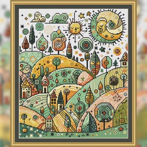 Könnte beinhalten: Ein farbenfrohes Kreuzstichmuster mit einer fantasievollen Landschaft mit Häusern, Bäumen und einer Sonne und einem Mond am Himmel.