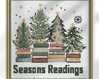 May include: Cross-stitch artwork featuring four green Christmas trees atop stacks of books. The trees are decorated with ornaments and topped with gold stars. The text "Seasons Readings" is displayed at the bottom.