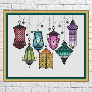 Cross Stitch Marocan Lanterns, Festival of lights, Ramadan, Candle lamps cross stitch pattern, Rainbow colors, PDF, instant download, Geo111