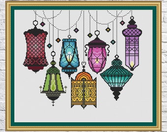 Cross Stitch Marocan Lanterns, Festival of lights, Ramadan, Candle lamps cross stitch pattern, Rainbow colors, PDF, instant download, Geo111