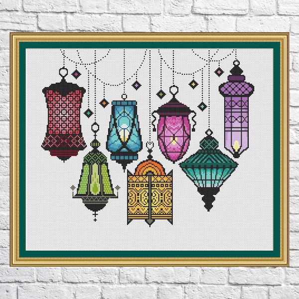 Cross Stitch Marocan Lanterns, Festival of lights, Ramadan, Candle lamps cross stitch pattern, Rainbow colors, PDF, instant download, Geo111