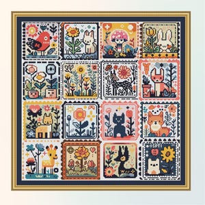 May include: A colourful cross-stitch pattern featuring a variety of animals and flowers. The pattern is divided into 16 squares, each with a different design. The animals include a bird, a rabbit, a deer, a cat, a fox, and a dog. The flowers are in various colours, including red, yellow, blue, and green.