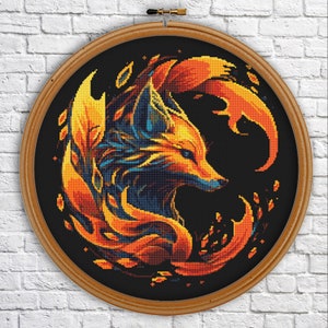 May include: A fiery orange and blue fox with a swirling tail, surrounded by flames, on a black background. The fox is depicted in a stylized, almost abstract way, with its fur appearing to be made of flames.