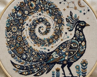 Schema per punto croce Pavone celeste, Luna e stelle, ricamo folk art, PDF, punto croce moderno, PDF, download immediato, ART16
