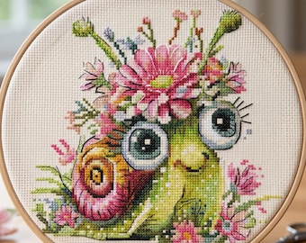 Floral Snail Cross Stitch Patterns, Spring Nature cross stitch pattern, modern cross stitch, PDF, instant download, ANM97-4