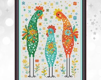 Colorful Rooster Cross Stitch Pattern PDF, Folk Art Chicken Embroidery Design, PDF, instant download, COQ23-3