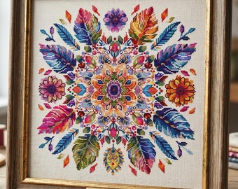 Schema per punto croce Mandala Floreale, Fiori, Arcobaleno, punto croce moderno, PDF, download immediato, MDL137