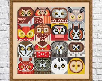 Owl faces cross stitch pattern, modern cross stitch, PDF, instant download, ANM51