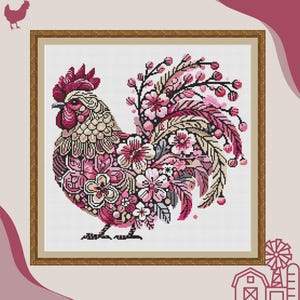 May include: A cross-stitch pattern of a rooster with pink and white flowers. The rooster is detailed with intricate patterns and is surrounded by a floral design.