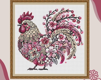 PINK Flower Rooster, cross stitch pattern, modern cross stitch, PDF, instant download, COQ04