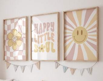 Smiley Face Wall Art, Set Of 3 Prints, Happy Little Soul, Retro Girls Room Print, Checkered Print, Daisy Wall Art, Groovy Nursery Wall Art