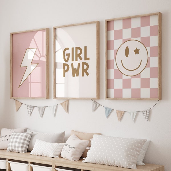 Girl Power, Smiley Face Art, Lightning Bolt, Set Of 3 Prints, Pink And Gold, Printable Wall Art, Checker Poster, Checkerboard, Nursery Art