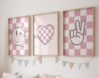 Set Of 3 Prints, Smiley face, Peace Sign, Checkered Poster, Tween Wall Art, Retro Wall Art, Girls Room, Checkerboard, 3 Piece Wall Art