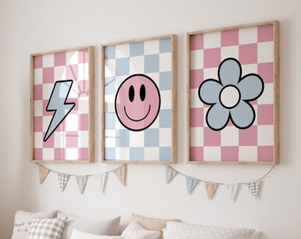 Smiley Face, Tween Wall Art, Checkered Poster, Lightning Bolt, Retro Wall Art, Printable Wall Art, Girls Room Wall Art