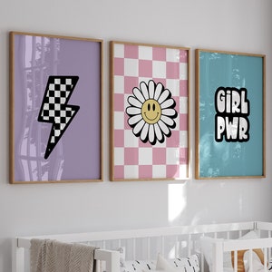 Set of 3 Girl Power Prints, Checkered Daisy Wall Art, Lightning Bolt Print, Trendy Wall Art, Bright Tween Rainbow Color Wall Art