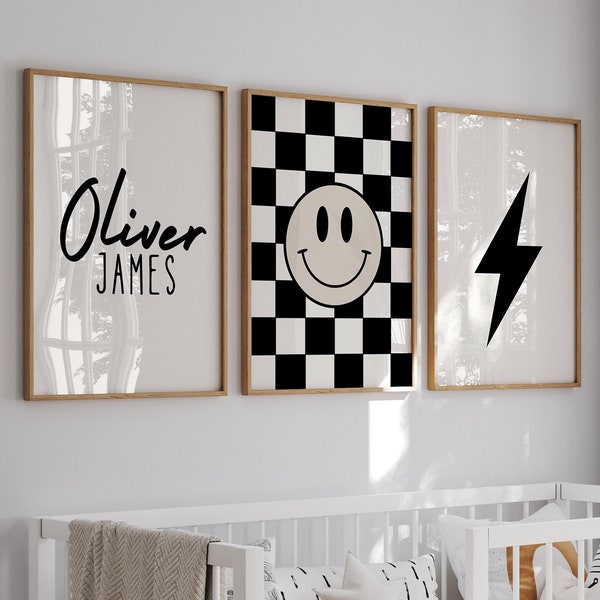 Personalized Smiley Face Boys Wall Art, Set Of 3 Prints, Lightning Bolt Wall Art, Nursery Name Sign, Black and Tan, Checkered Poster