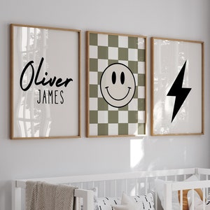 Personalized Smiley Face Boys Wall Art, Set Of 3 Prints, Lightning Bolt Wall Art, Nursery Name Sign, Black and Olive Green, Checkered Poster